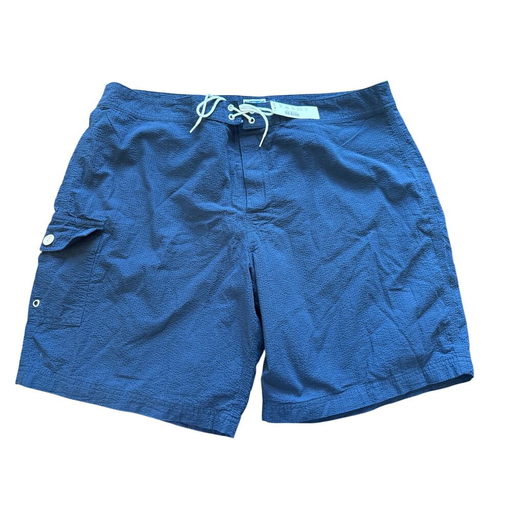 J. Crew Mens Seersucker Board Shorts 40 Navy Blue Cargo Pocket Swim Trunks